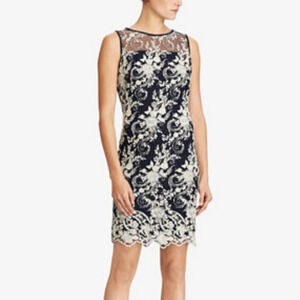 Lauren Ralph Lauren Metallic Gold Floral Embroidered Mesh Dress Luxury Occasion